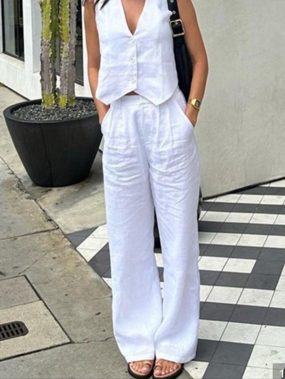 Commense White Cotton Wide-Leg Trousers & Vest